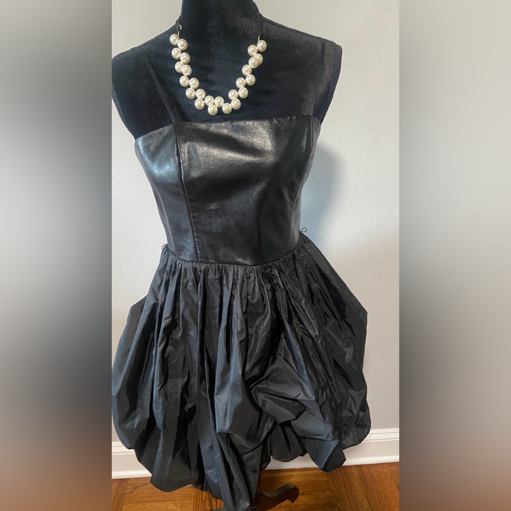 Alice & Olivia Black Leather and Silk Mini Bubble Dress